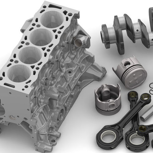 Details of the internal combustion engine lying on a white surface. The three-dimensional illustration. Isolated