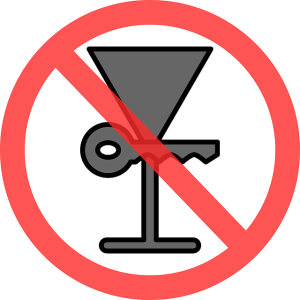 an illustration of a martini glass with a car key, crossed out